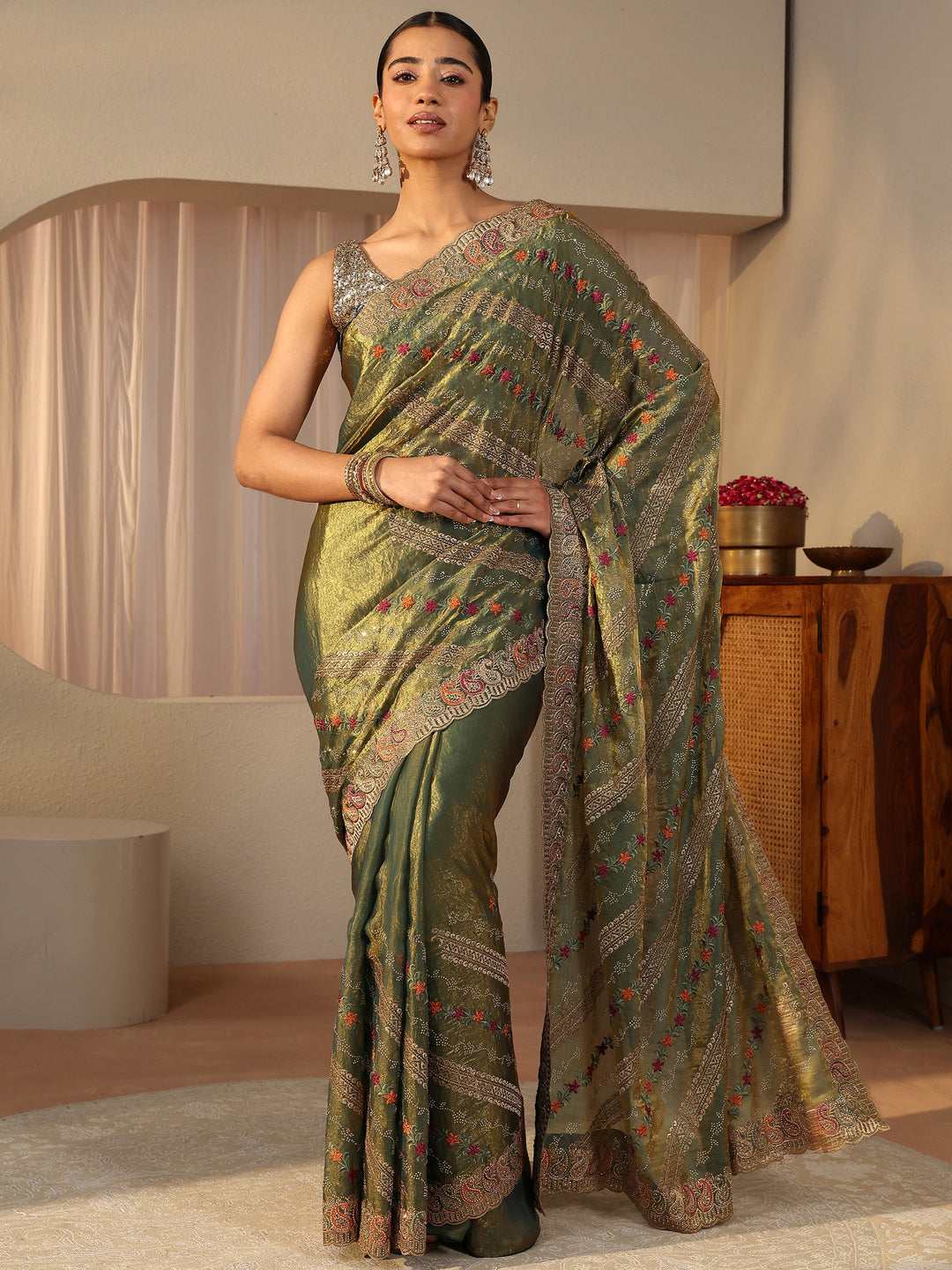  Green Floral Embroidered Tissue Saree 