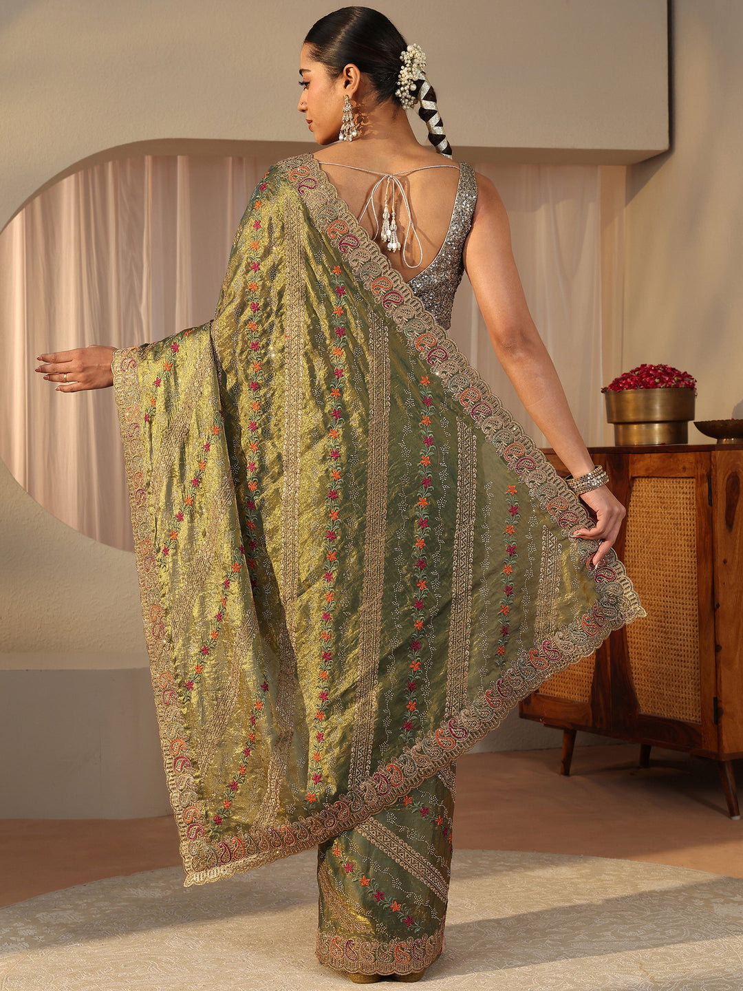  Green Floral Embroidered Tissue Saree 