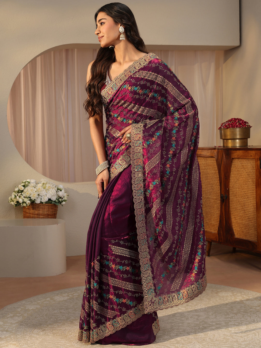  Burgundy Floral Embroidered Tissue Saree 