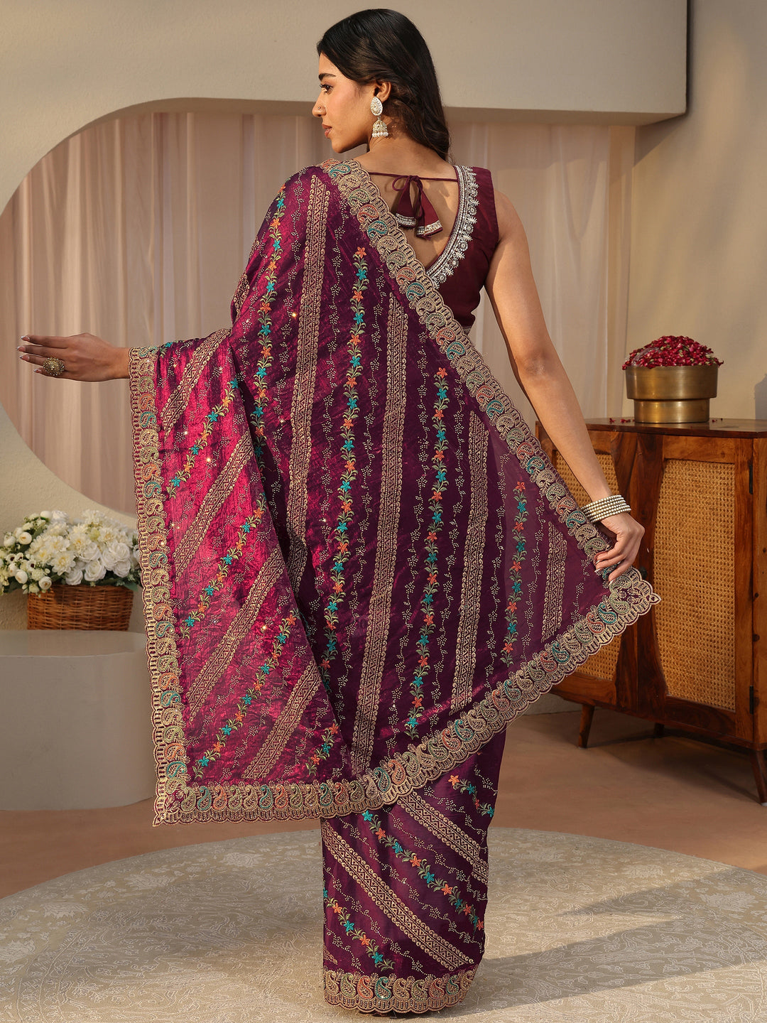  Burgundy Floral Embroidered Tissue Saree 