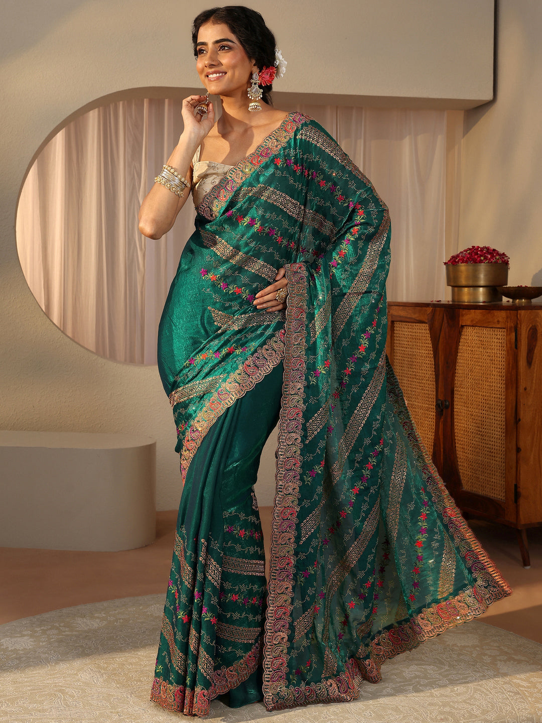  Green Floral Embroidered Tissue Saree 