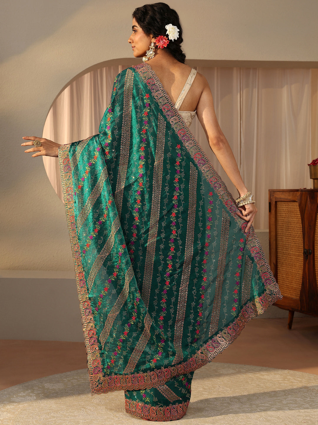  Green Floral Embroidered Tissue Saree 