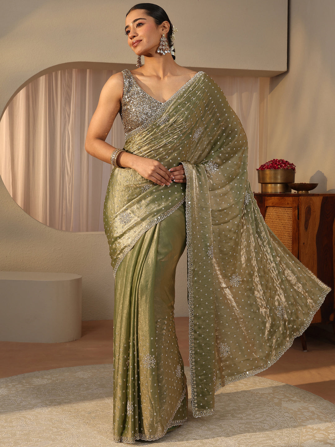  Green Embellished Tissue Saree 