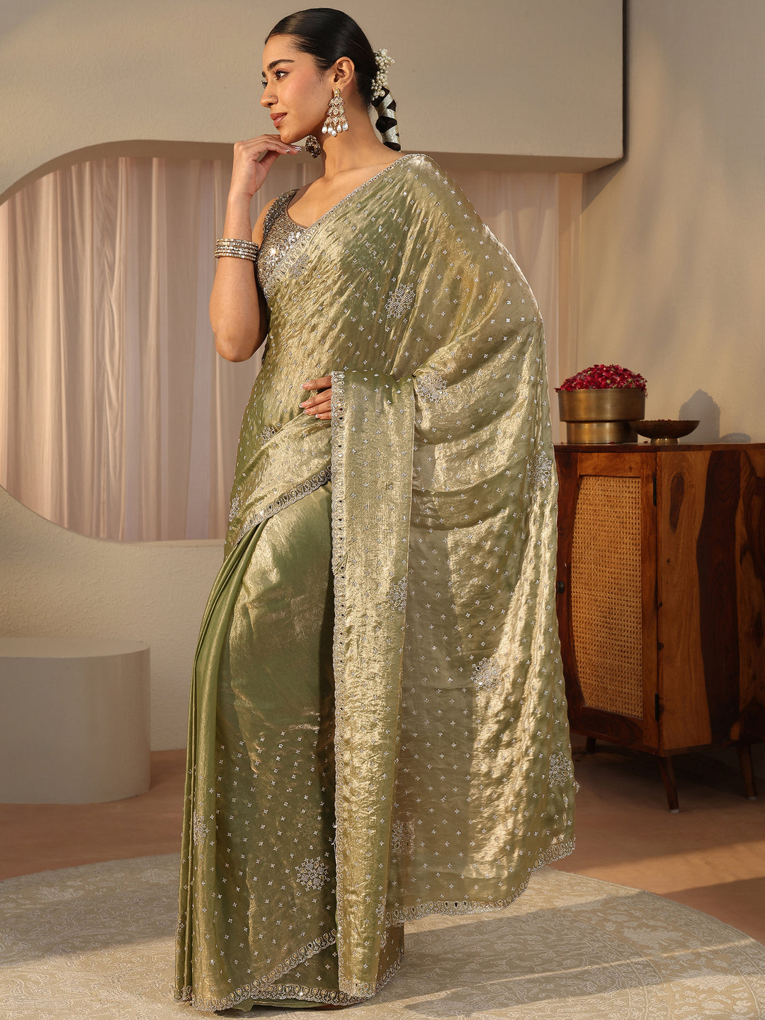  Green Embellished Tissue Saree 