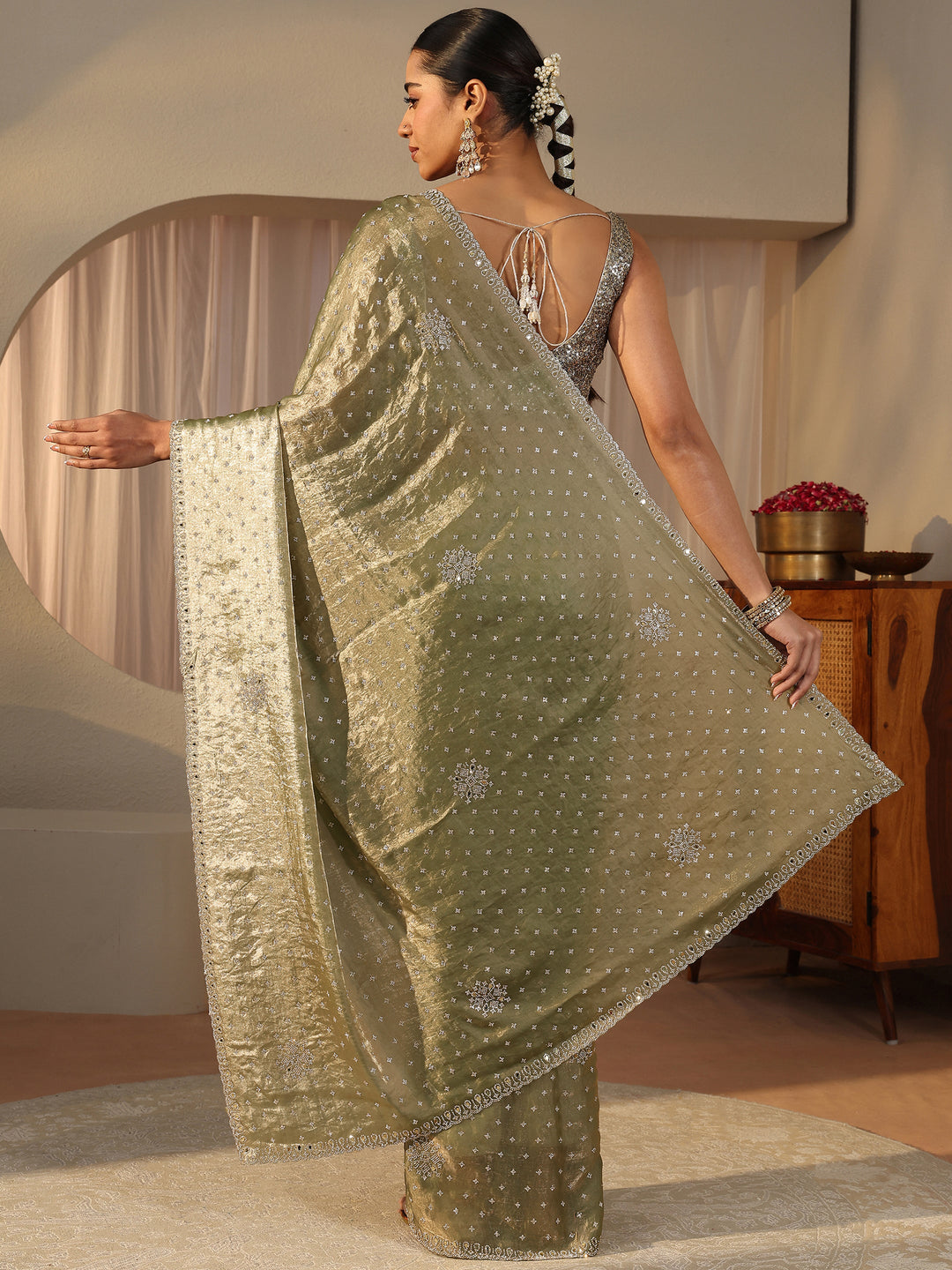  Green Embellished Tissue Saree 