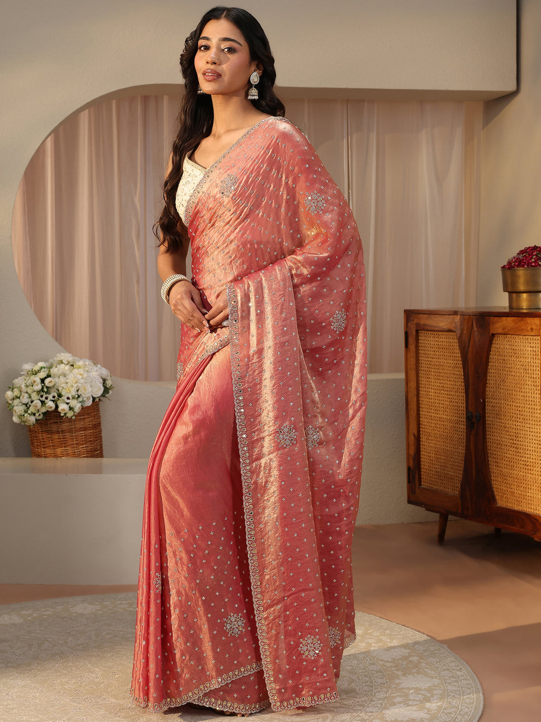  Pink Embellished Tissue Saree 