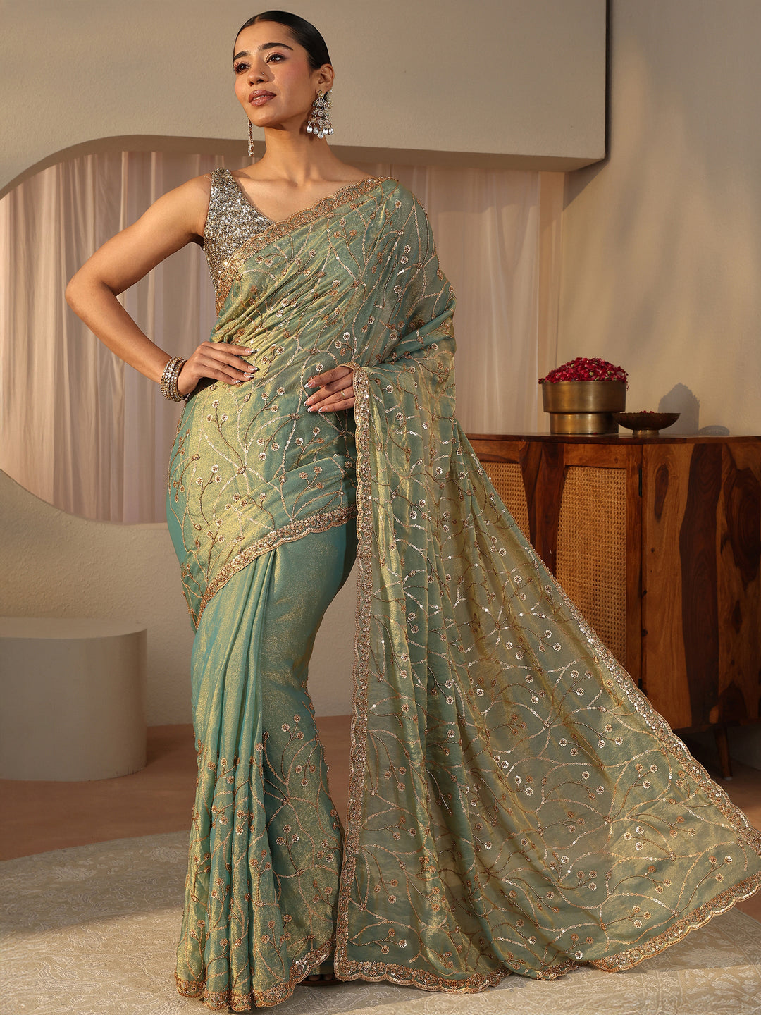  Libas Art Green Floral Embroidered Tissue Saree 