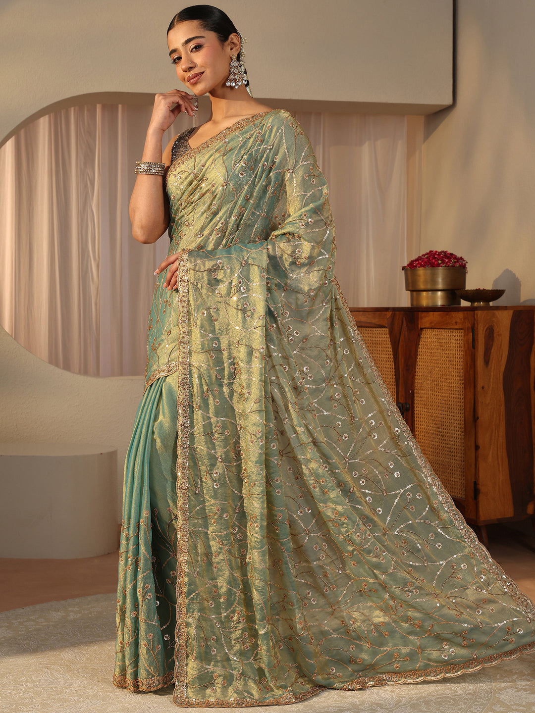  Libas Art Green Floral Embroidered Tissue Saree 