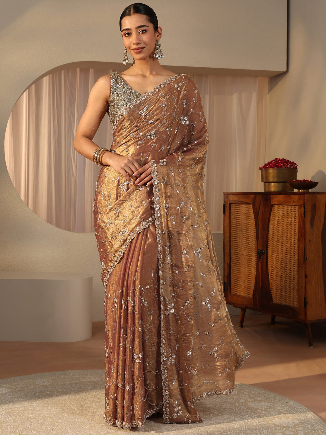  Libas Art Brown Embellished Tissue Saree 
