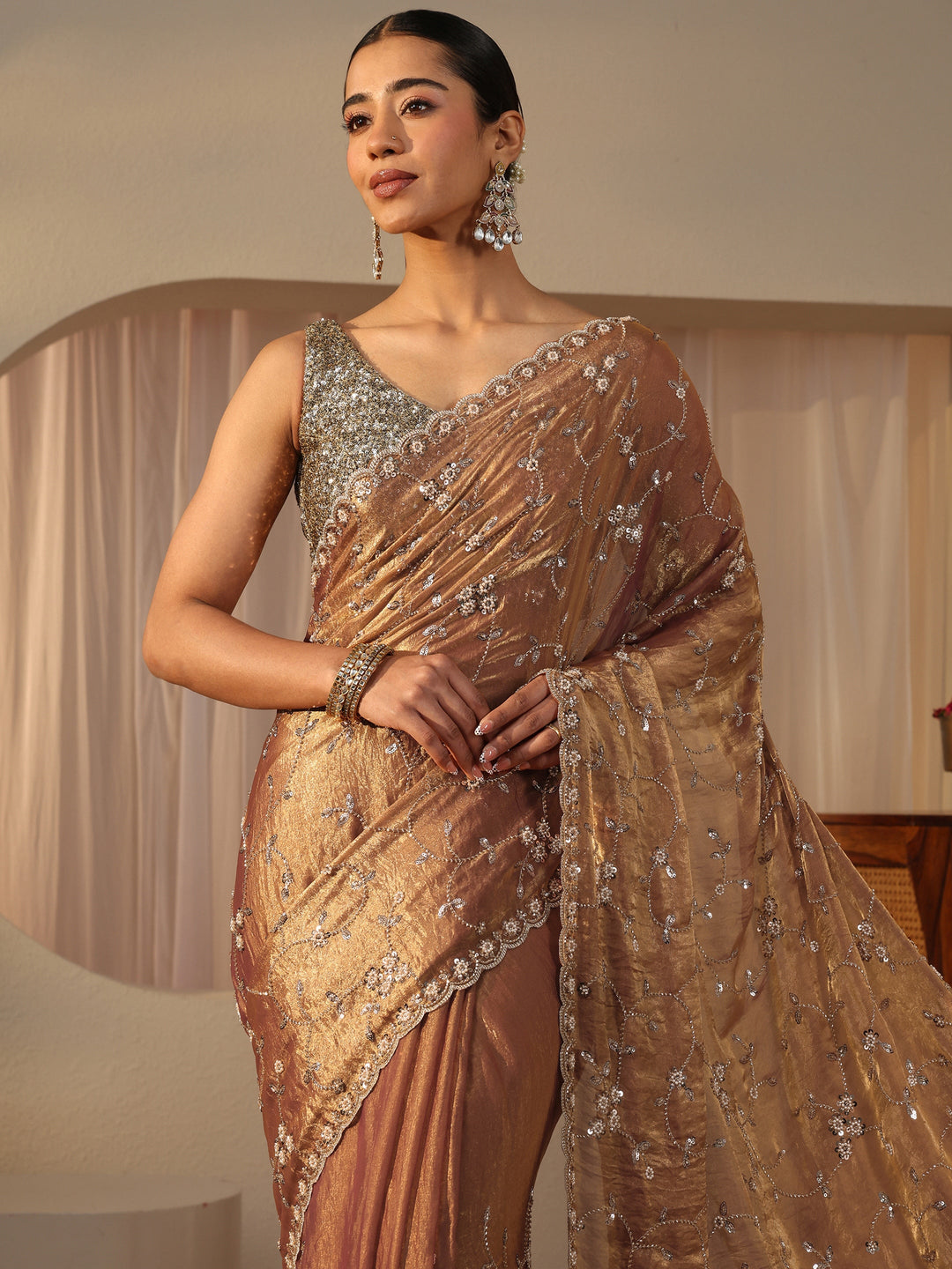  Libas Art Brown Embellished Tissue Saree 