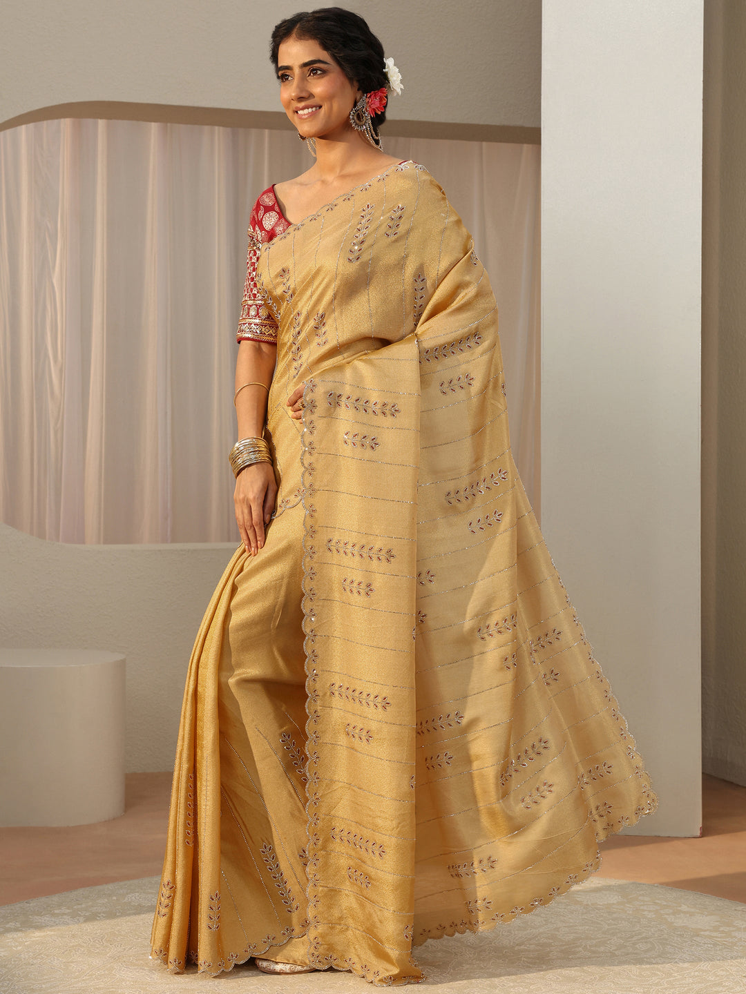  Libas Art Mustard Floral Embellished Satin Saree 