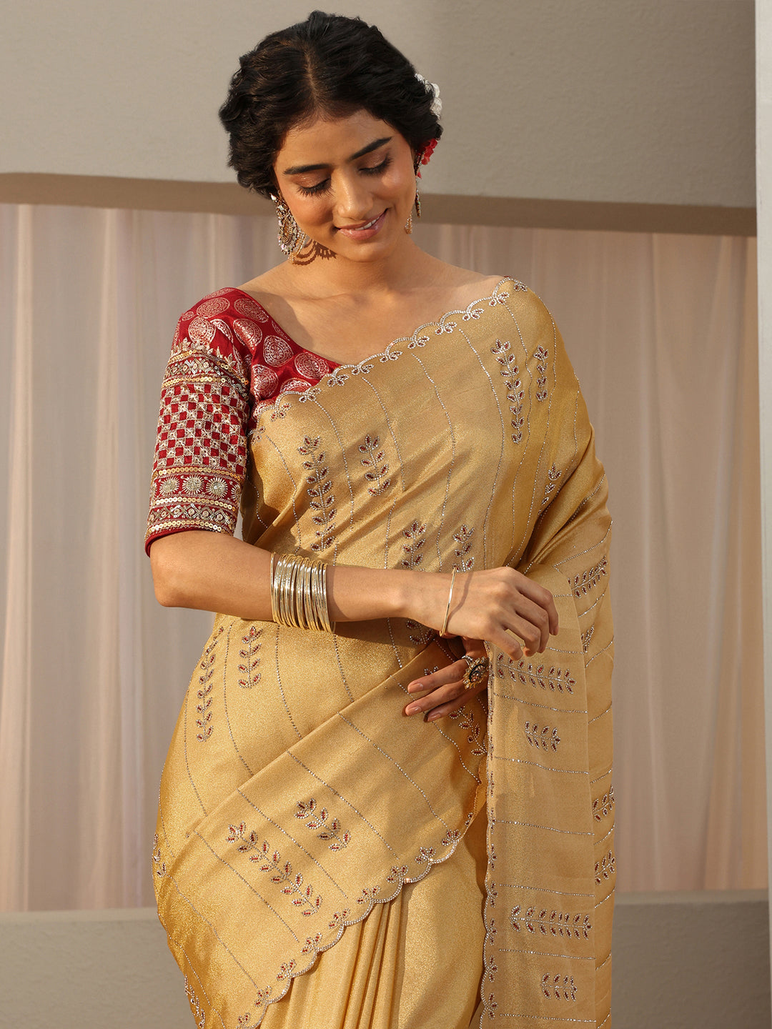  Libas Art Mustard Floral Embellished Satin Saree 