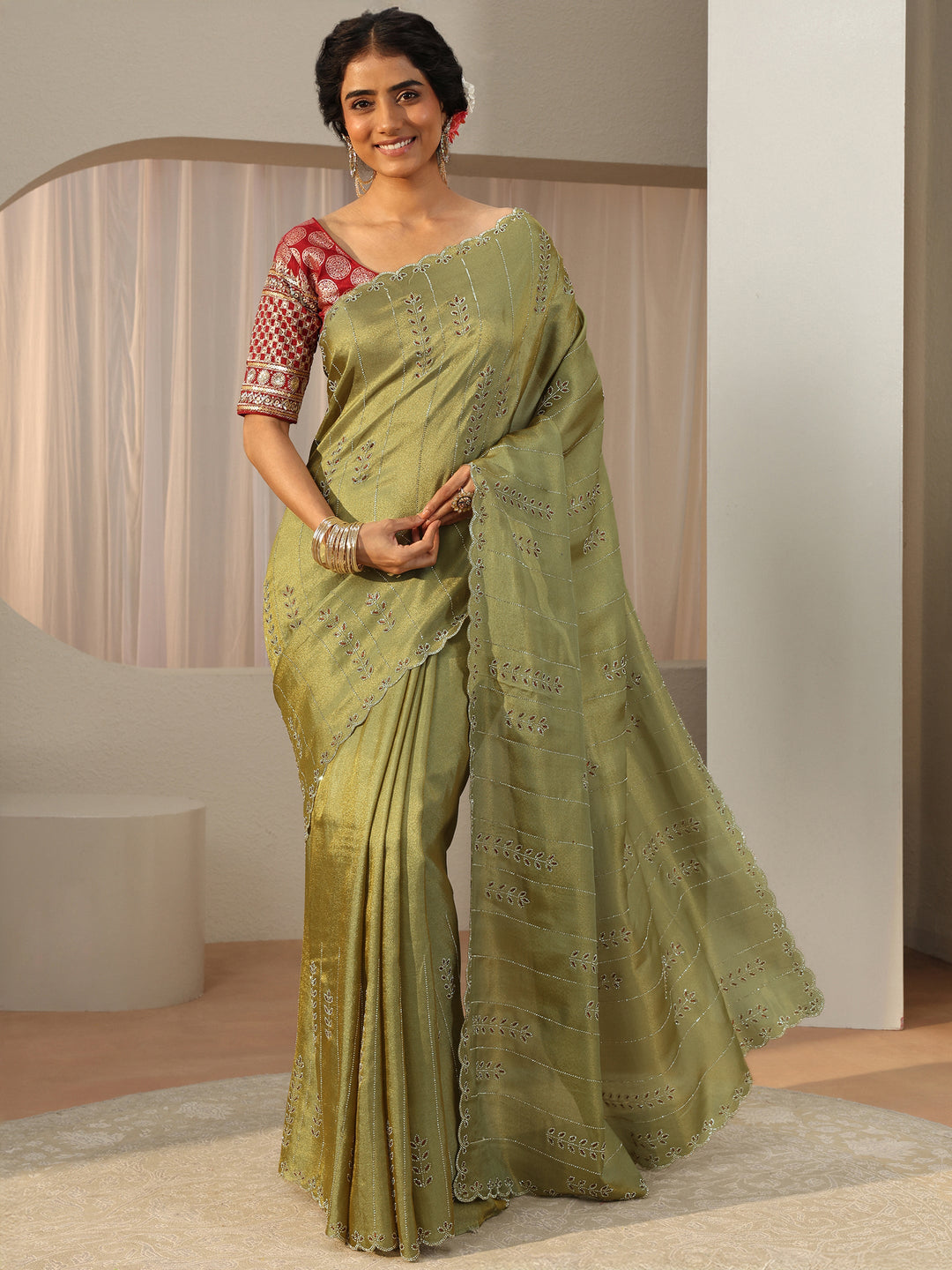  Libas Art Green Floral Embellished Satin Saree 