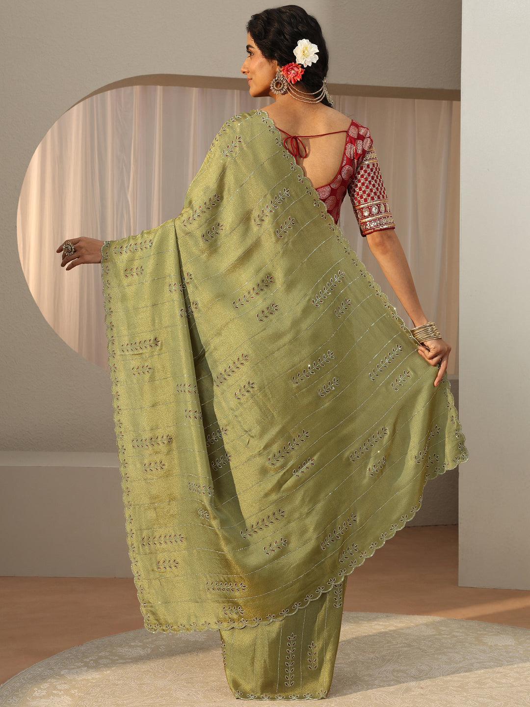  Libas Art Green Floral Embellished Satin Saree 
