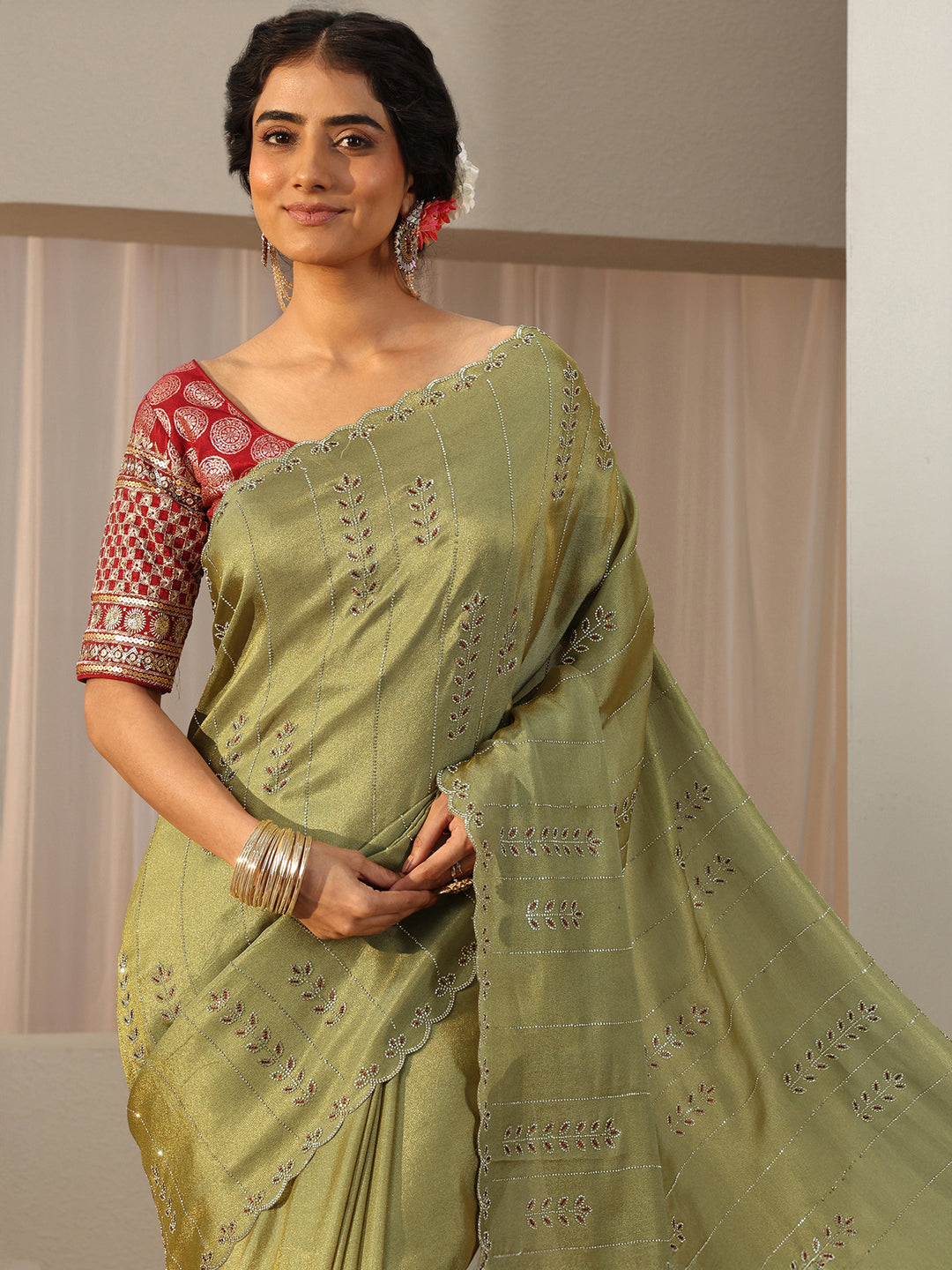  Libas Art Green Floral Embellished Satin Saree 