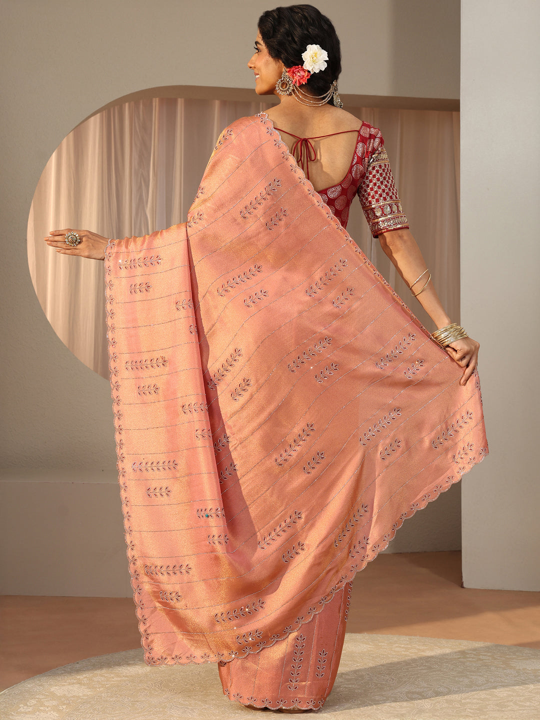  Libas Art Peach Floral Embellished Satin Saree 