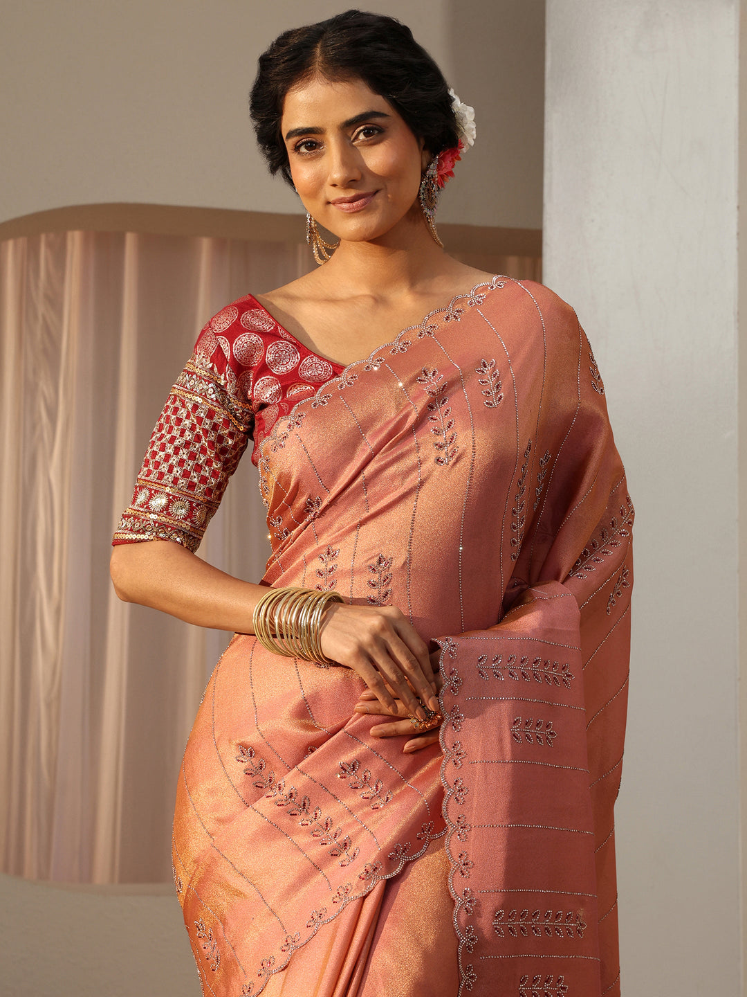  Libas Art Peach Floral Embellished Satin Saree 
