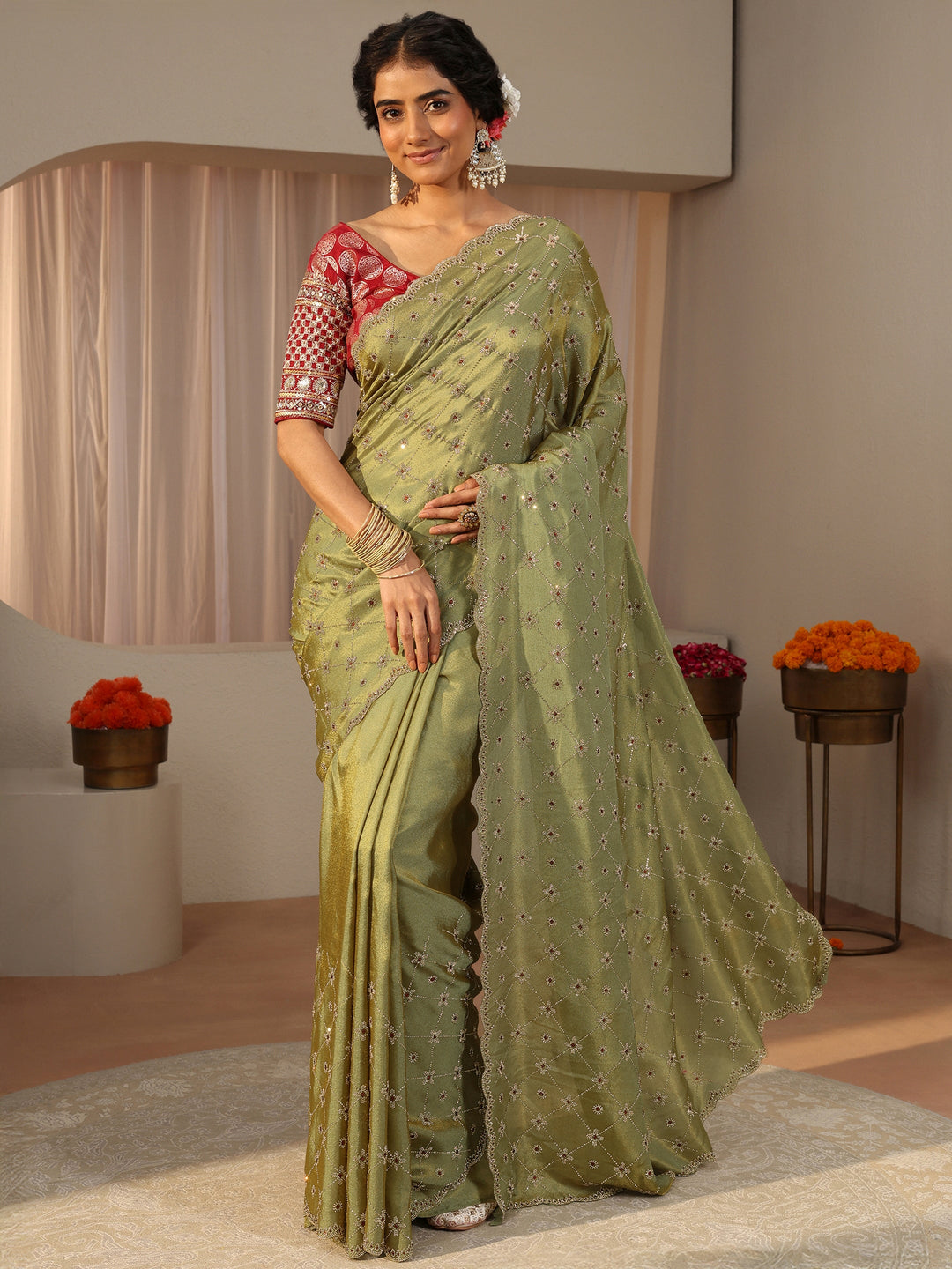  Libas Art Green Floral Embellished Satin Saree 