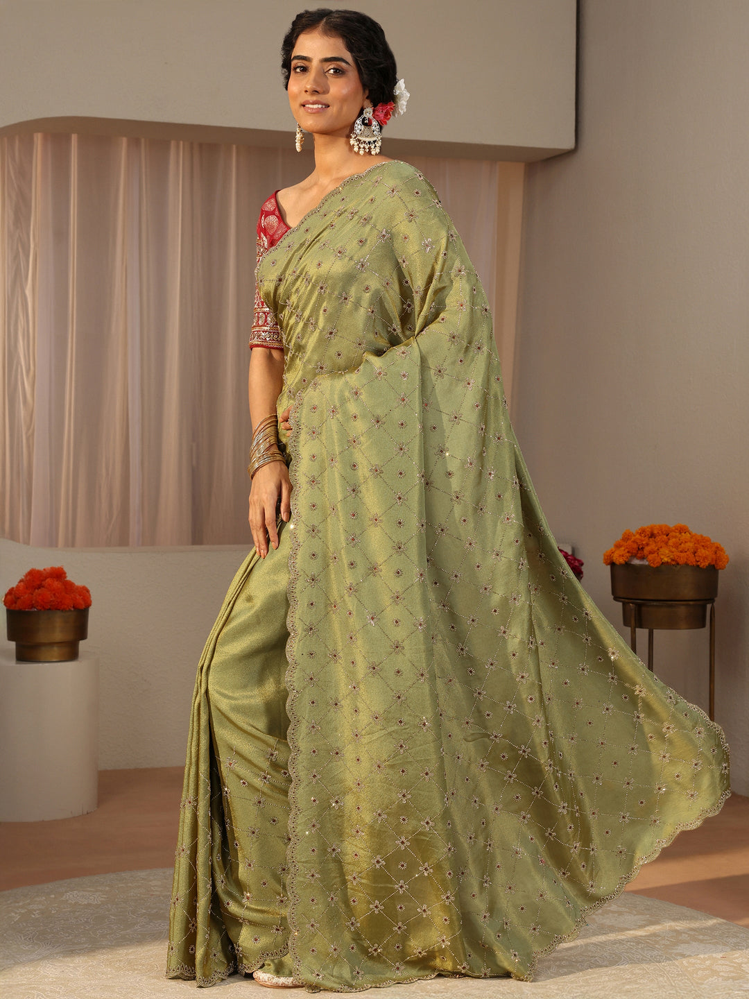  Libas Art Green Floral Embellished Satin Saree 