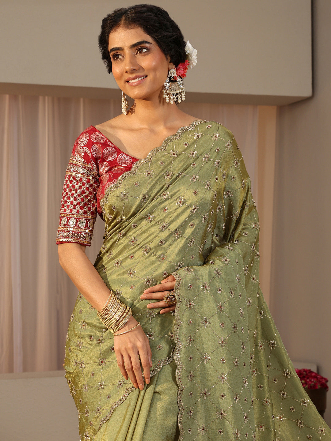  Libas Art Green Floral Embellished Satin Saree 