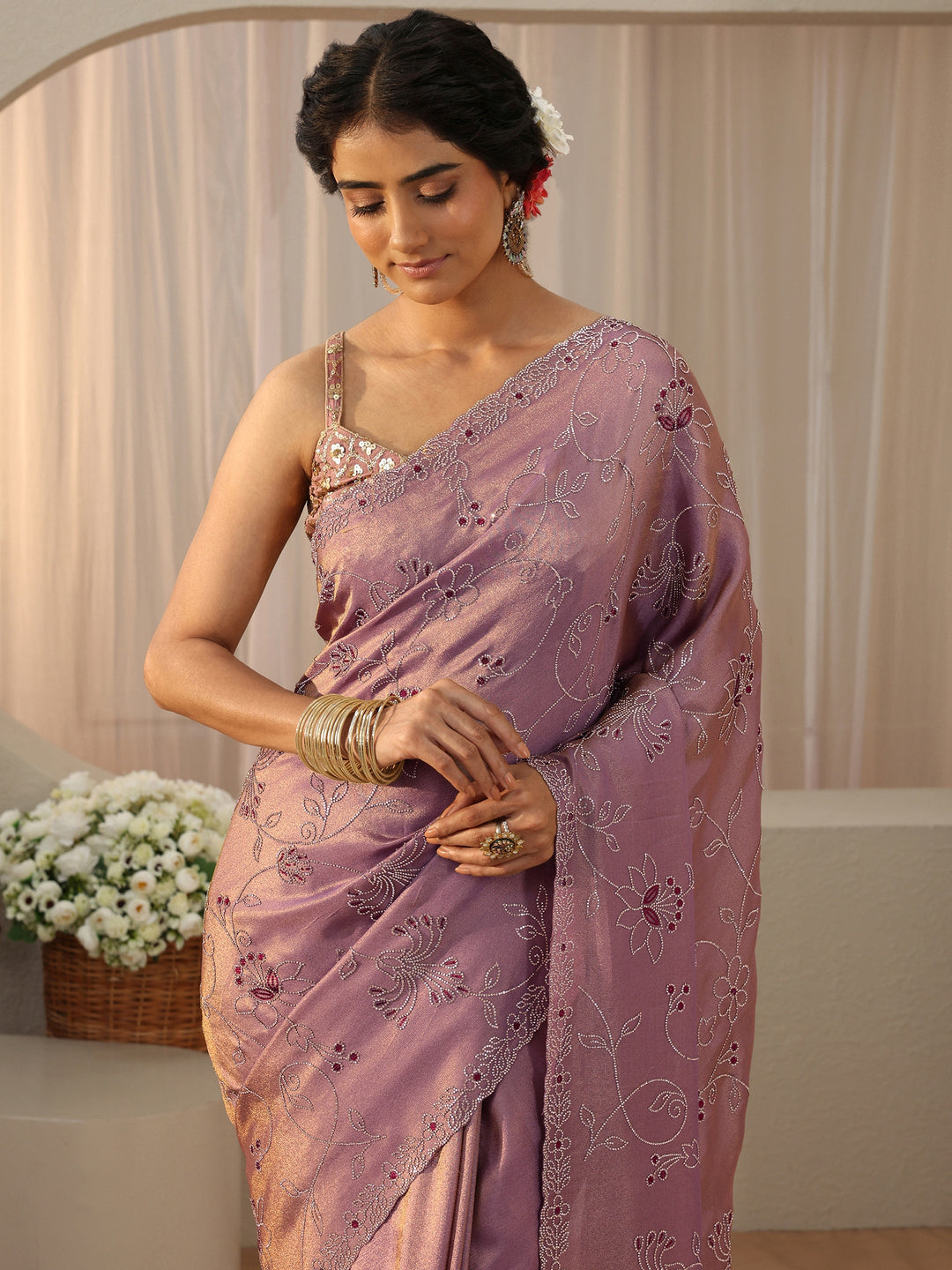  Libas Art Lavender Floral Embellished Satin Saree 