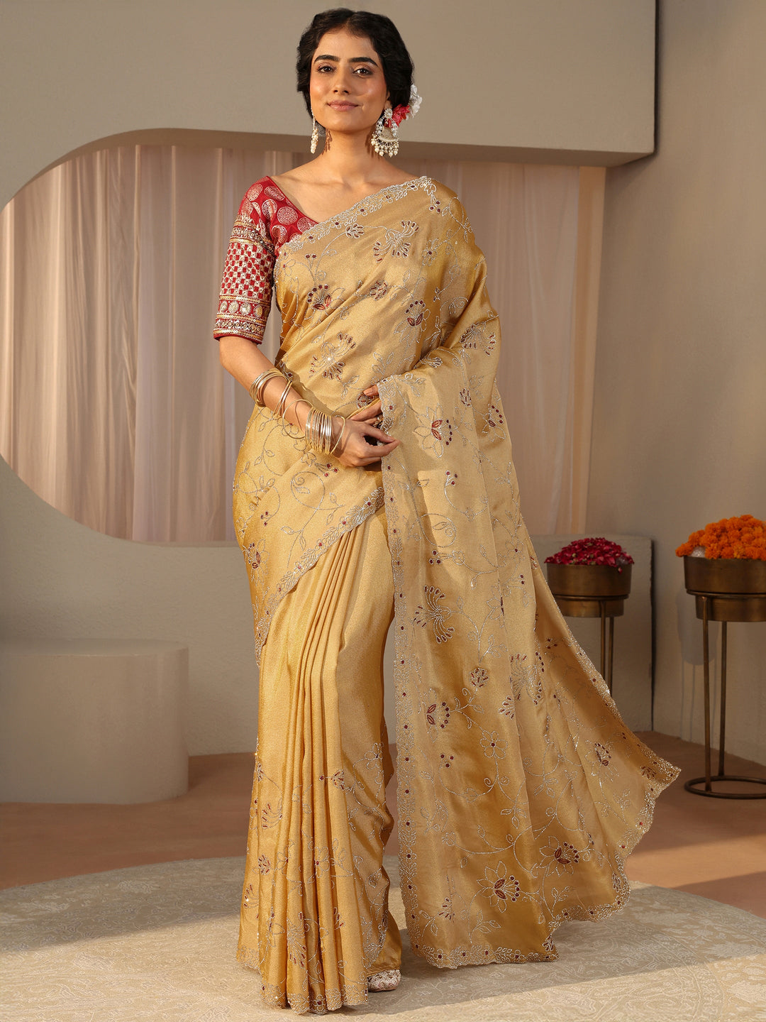  Libas Art Mustard Floral Embellished Satin Saree 