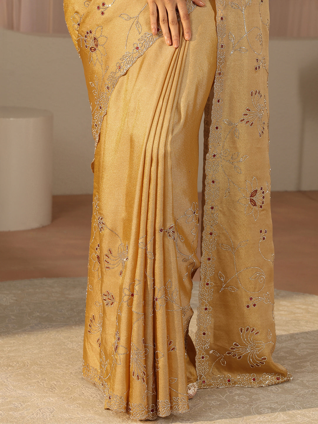  Libas Art Mustard Floral Embellished Satin Saree 