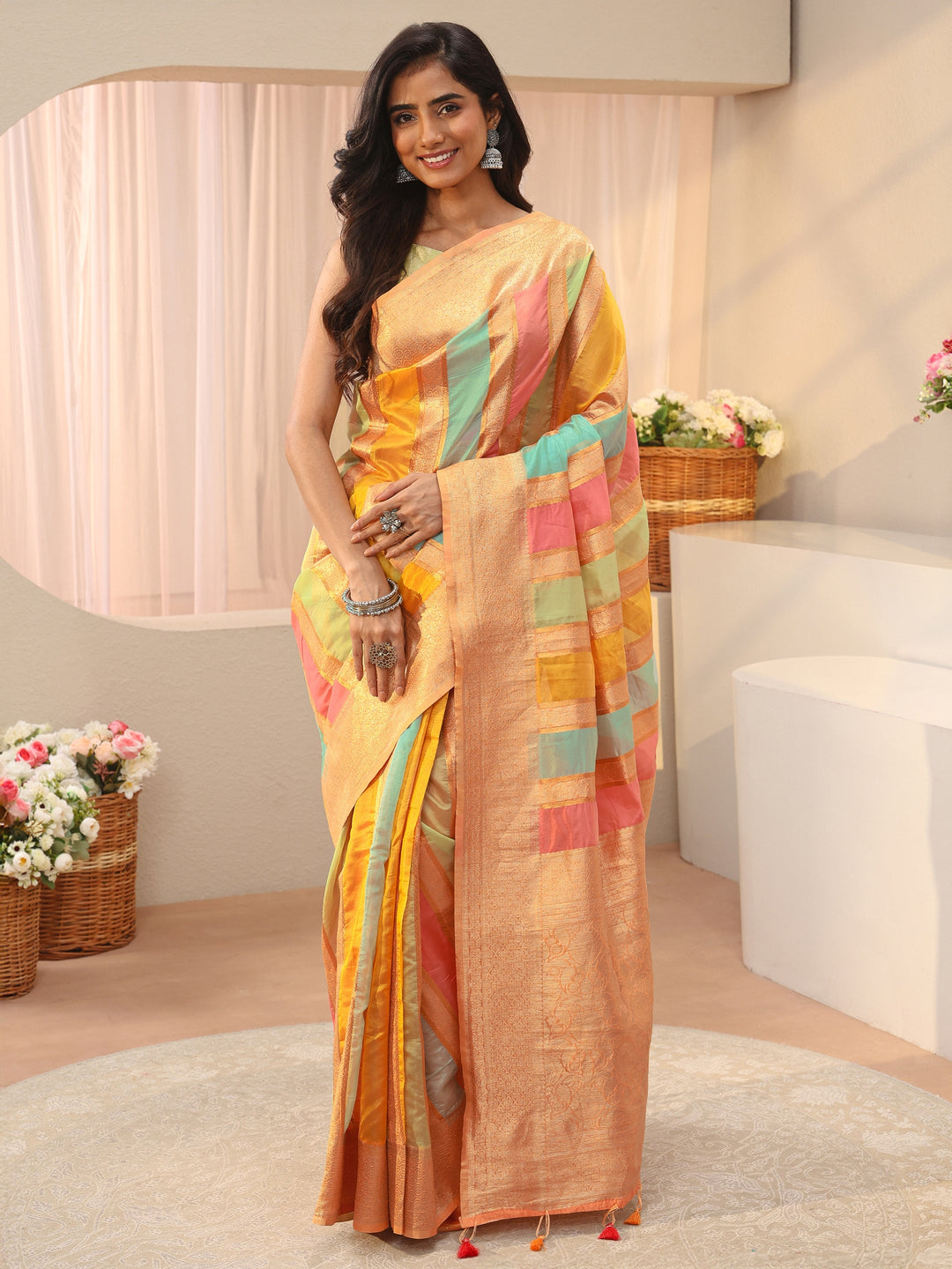  Multi Striped Self Design Organza Saree 