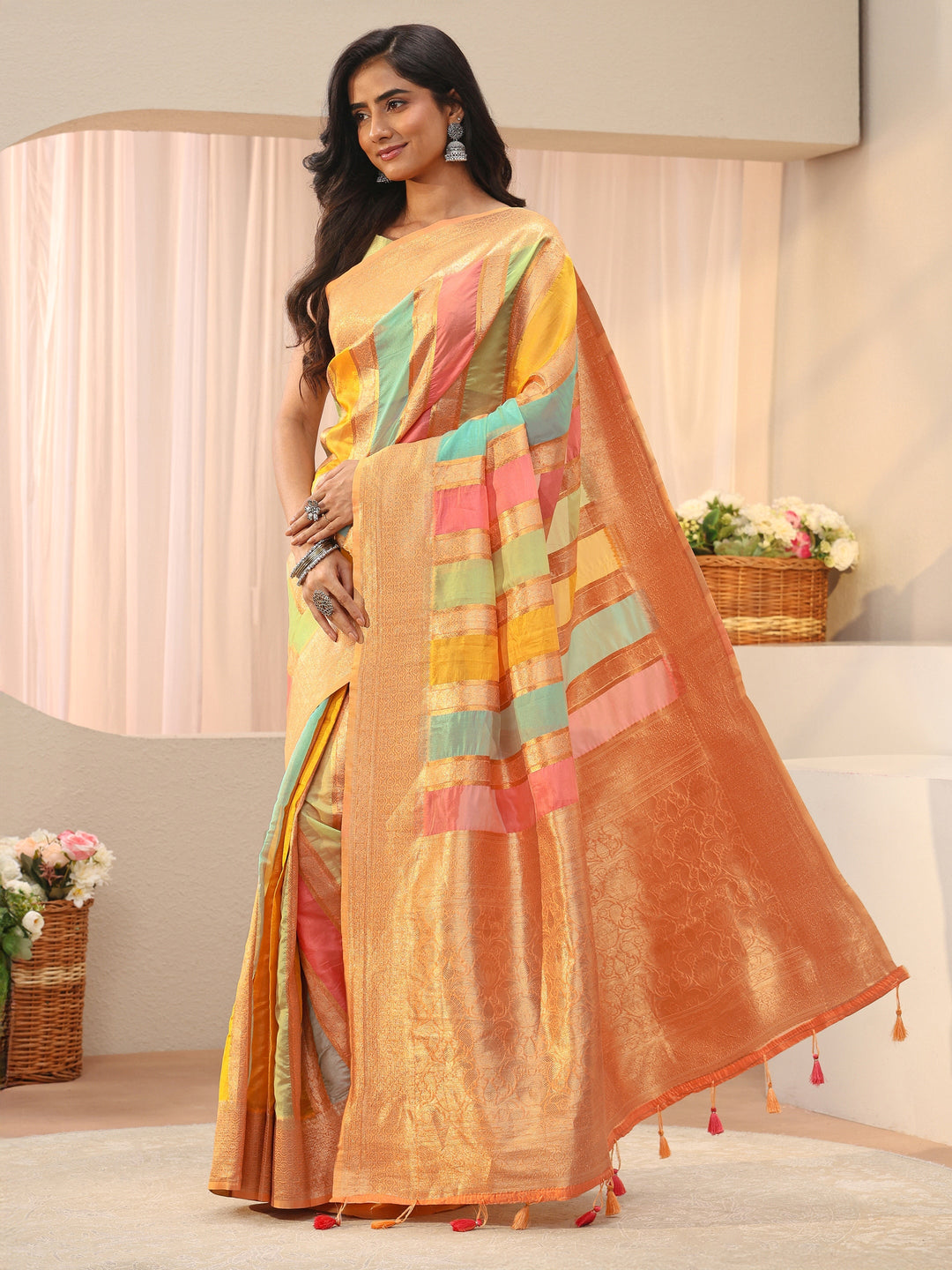  Multi Striped Self Design Organza Saree 