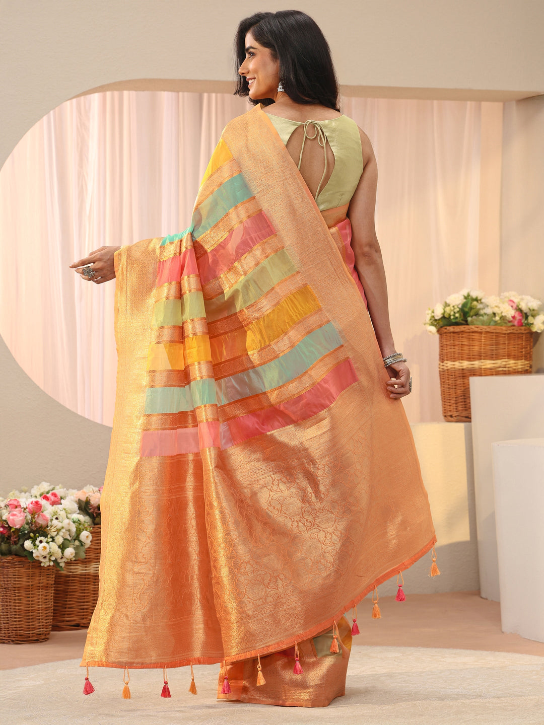  Multi Striped Self Design Organza Saree 