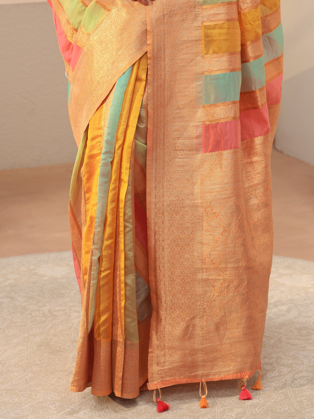  Multi Striped Self Design Organza Saree 