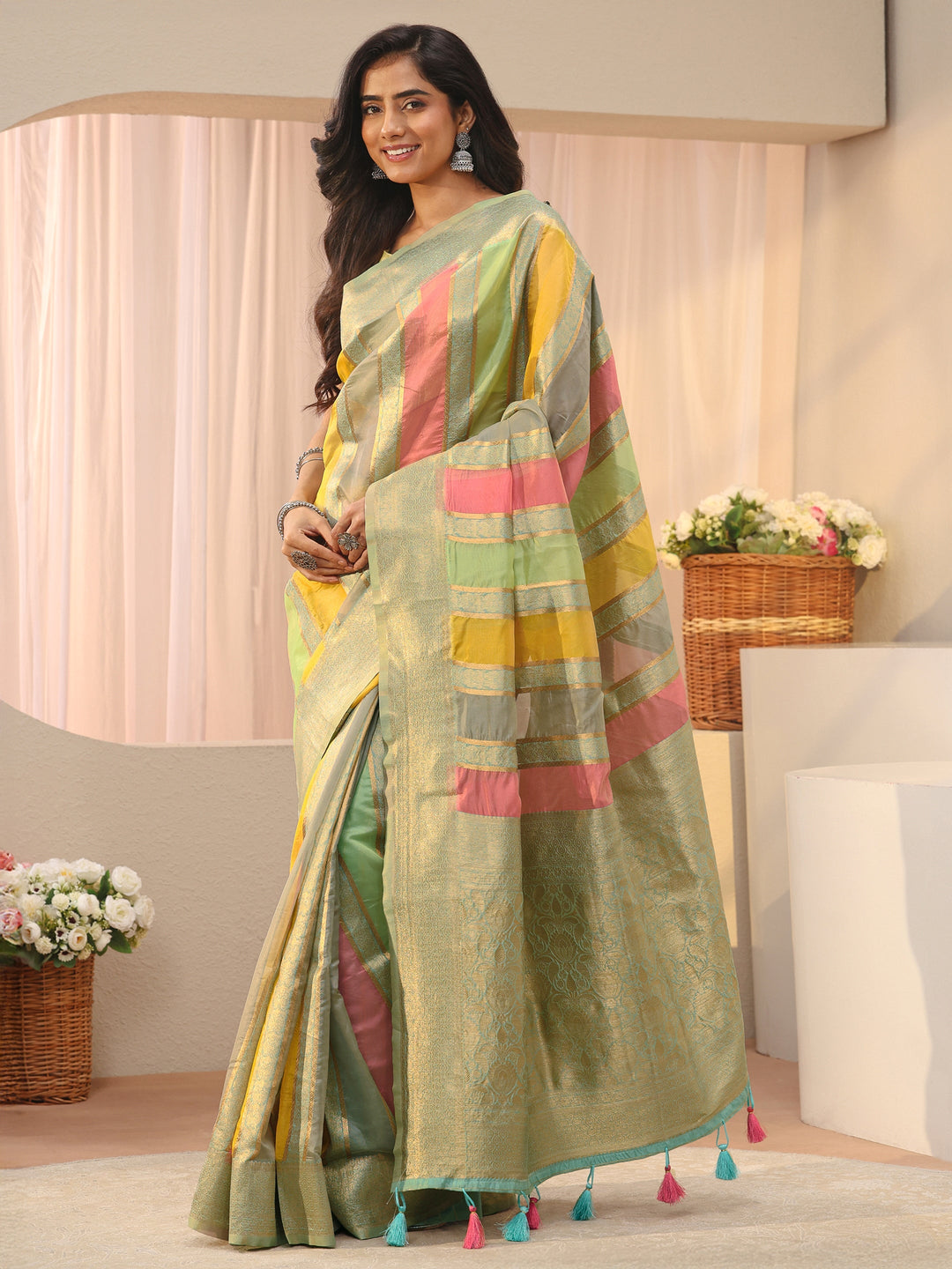  Multi Striped Self Design Organza Saree 