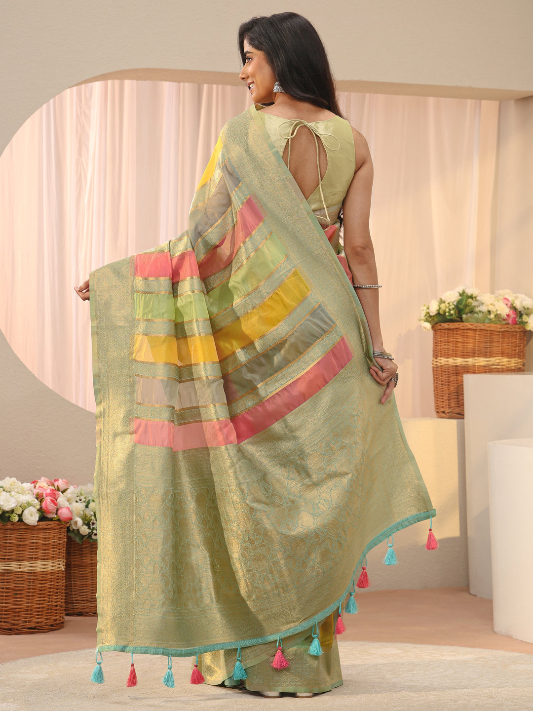  Multi Striped Self Design Organza Saree 