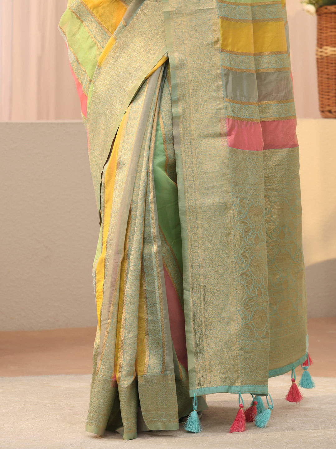 Multi Striped Self Design Organza Saree 