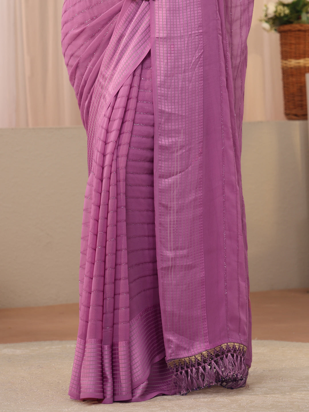  Lavender Striped Embellished Chiffon Saree 