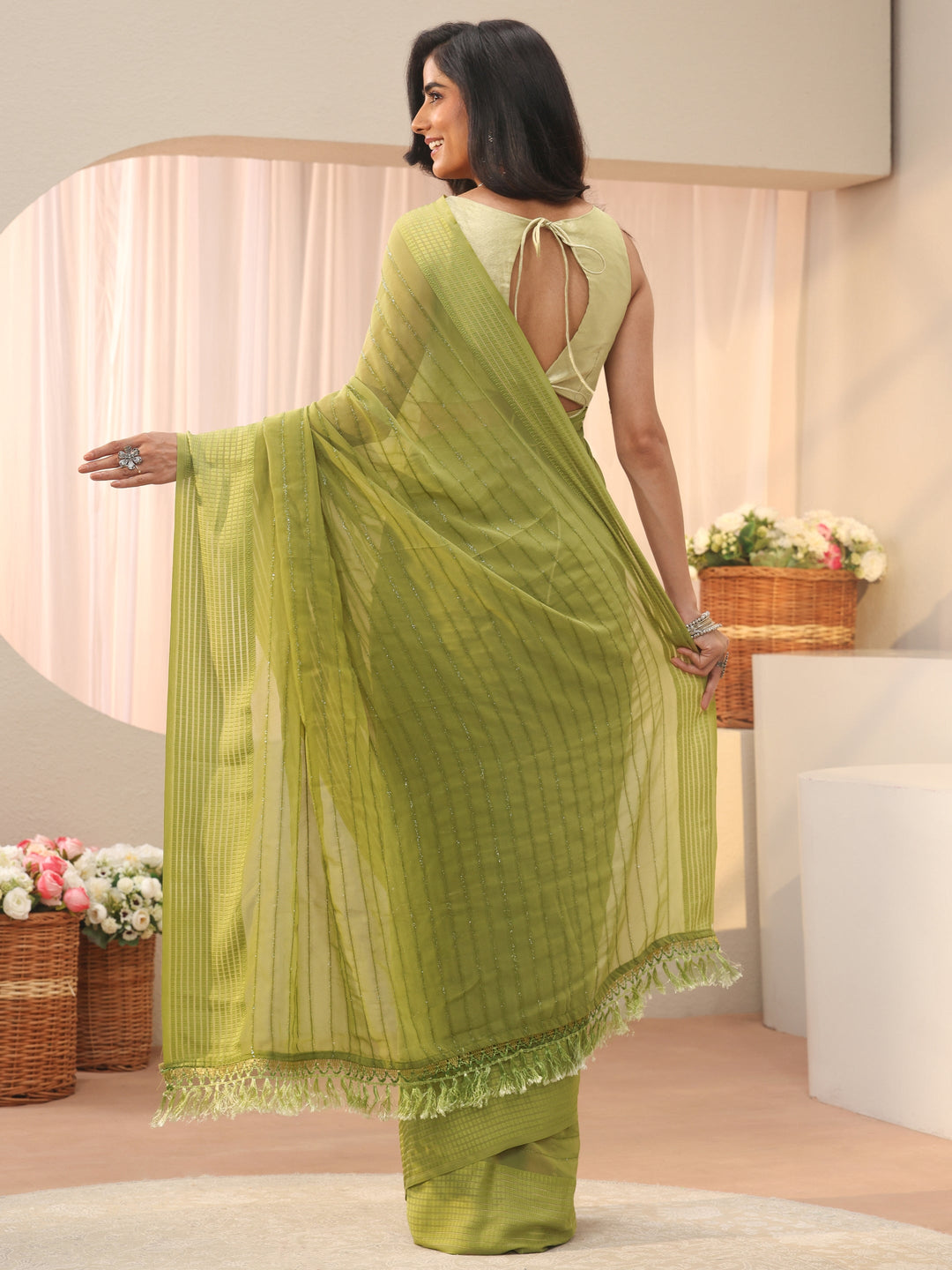  Green Striped Embellished Chiffon Saree 