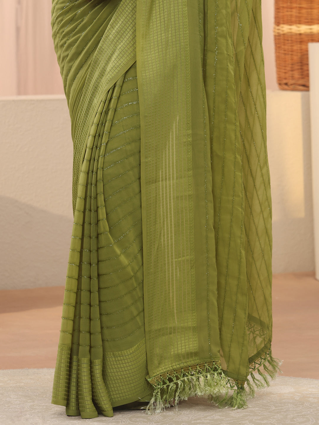  Green Striped Embellished Chiffon Saree 