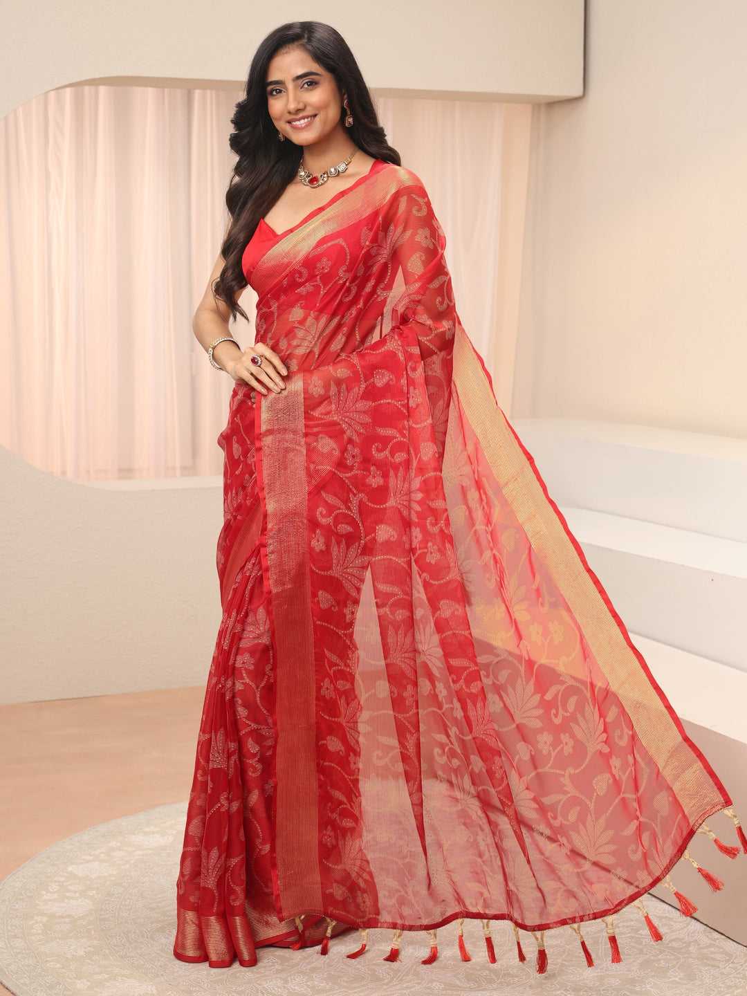  Libas Red Floral Printed Silk Blend Tassel Saree 