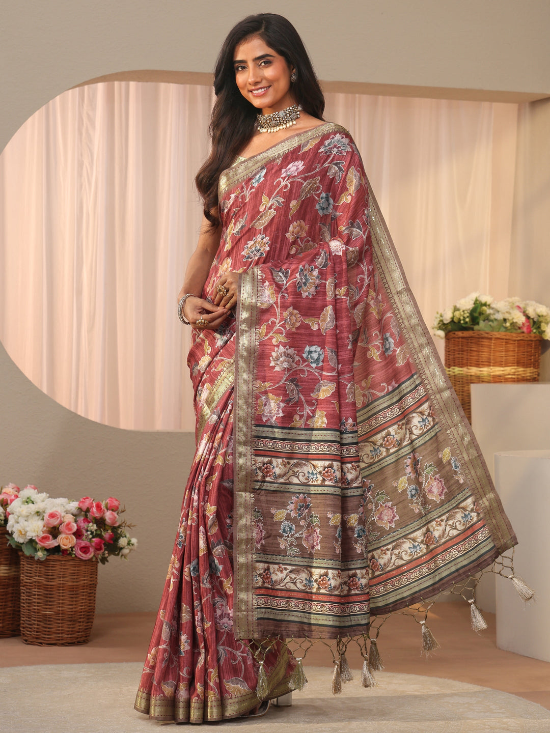  Maroon Floral Printed Silk Blend Saree 
