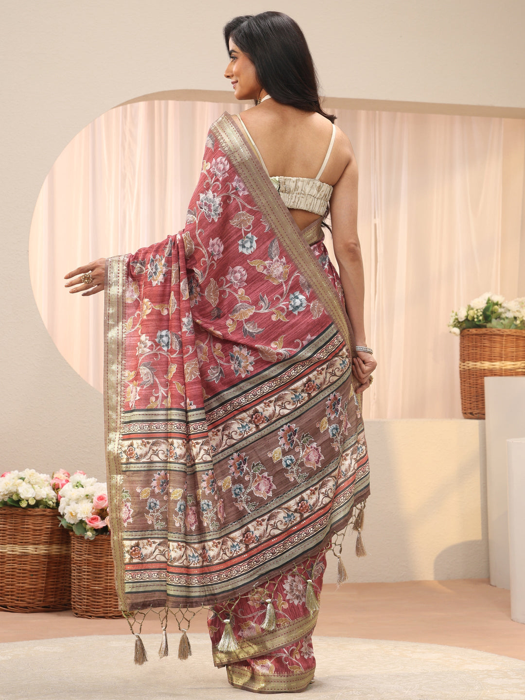  Maroon Floral Printed Silk Blend Saree 