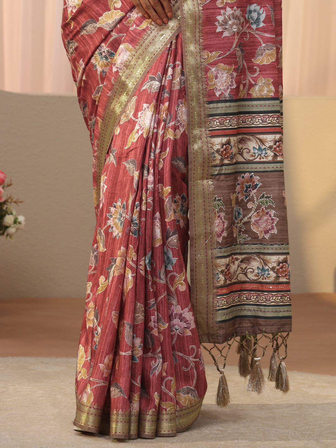  Maroon Floral Printed Silk Blend Saree 