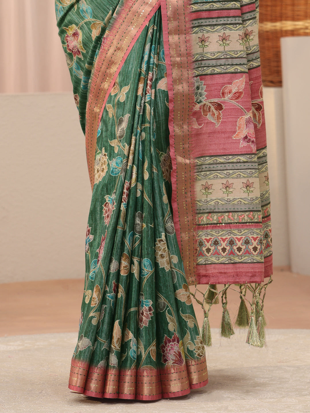 Green Floral Printed Silk Blend Saree 