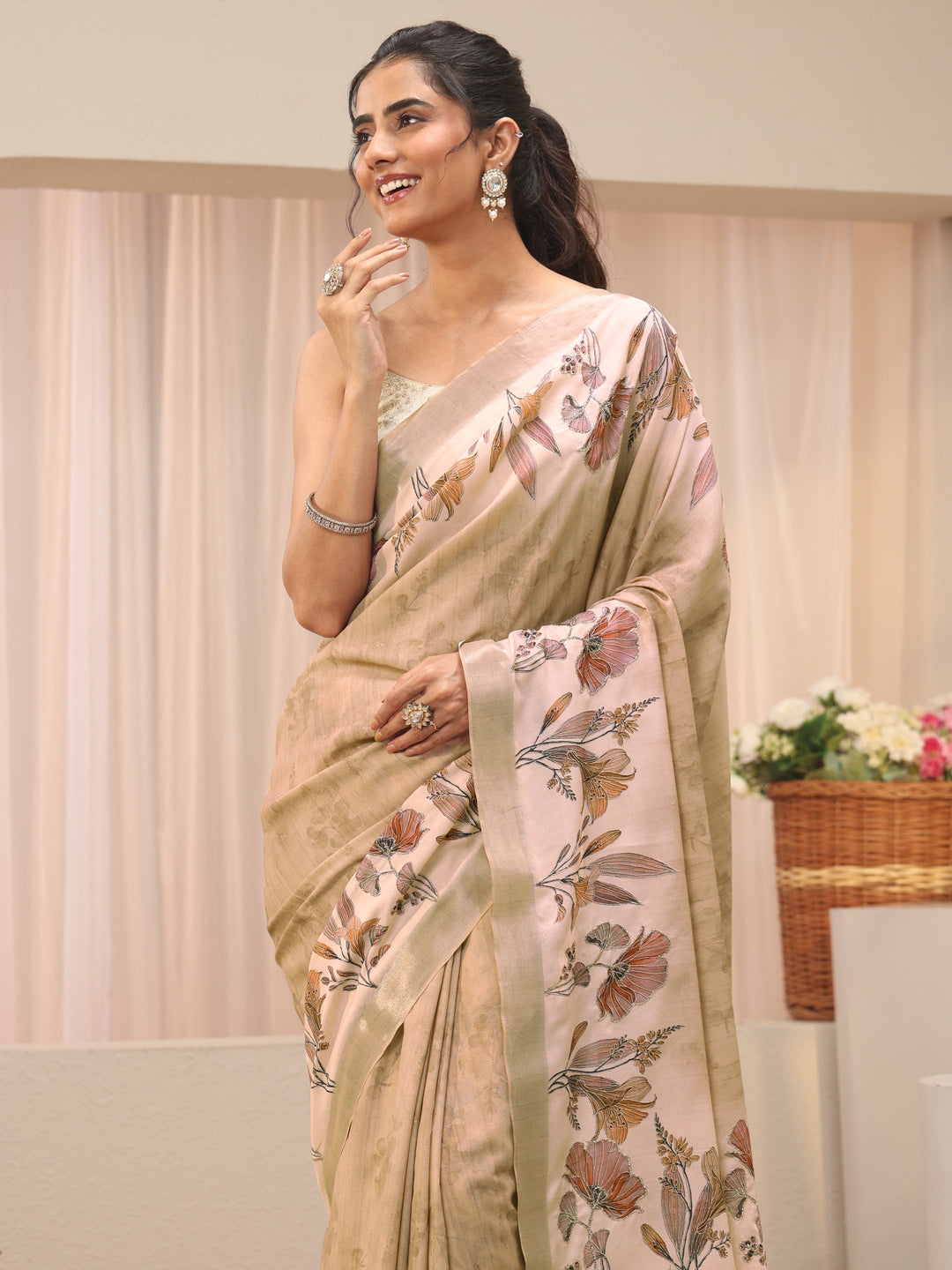  Cream Floral Printed Silk Blend Saree 