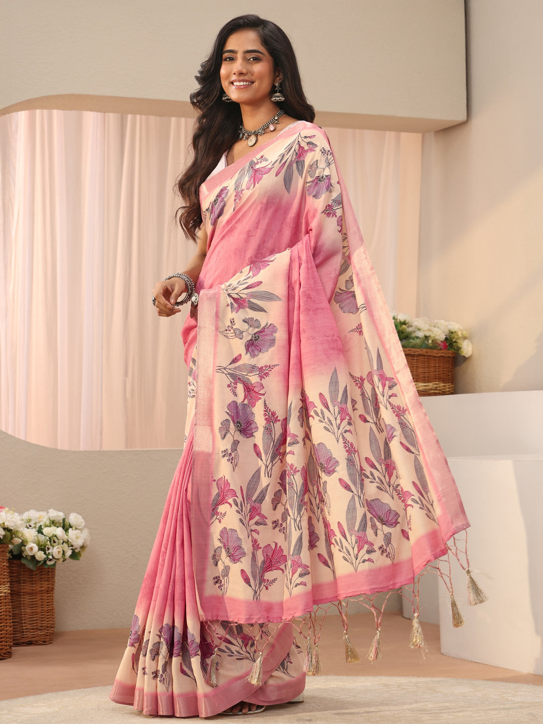  Pink Floral Printed Silk Blend Saree 