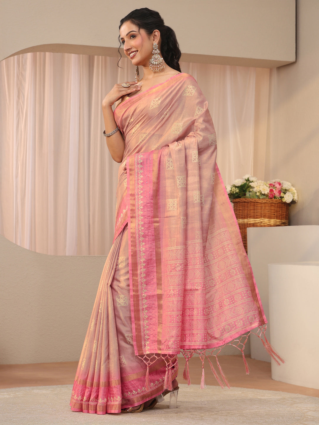  Pink Ethnic Motif Printed Silk Blend Saree 