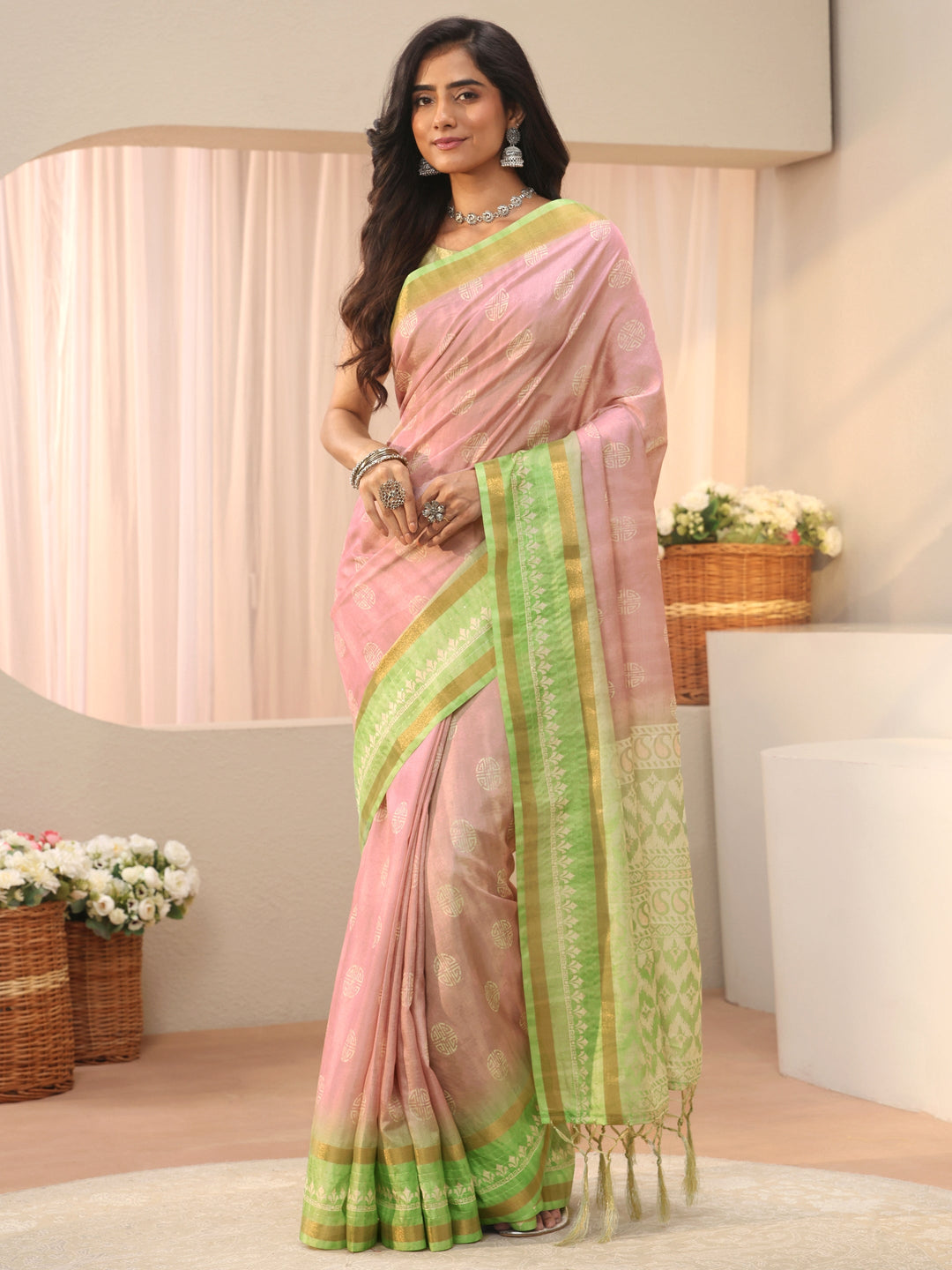  Pink Ethnic Motif Printed Silk Blend Saree 