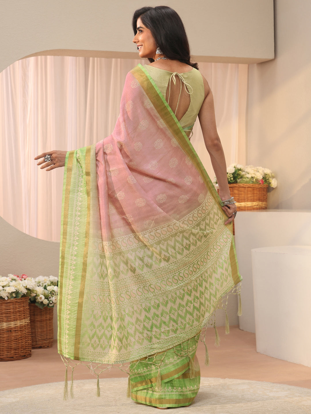  Pink Ethnic Motif Printed Silk Blend Saree 