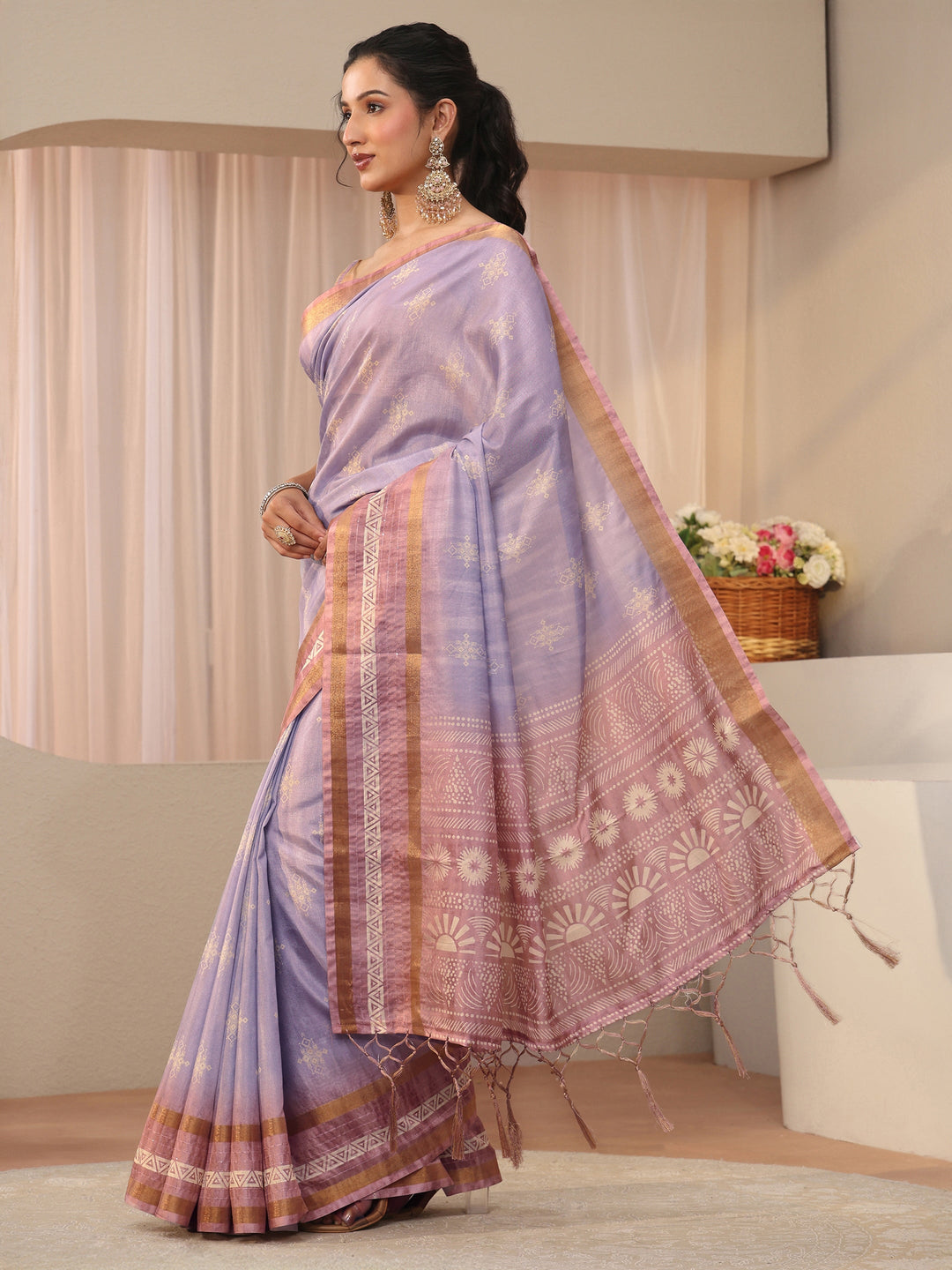  Lavender Ethnic Motif Printed Silk Blend Saree 