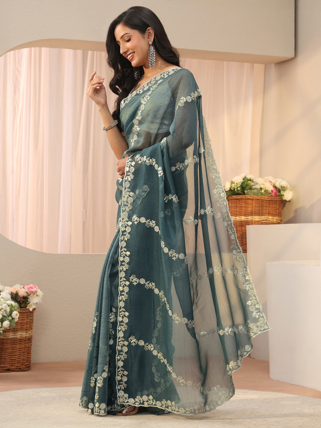  Green Floral Embroidered Tissue Saree 