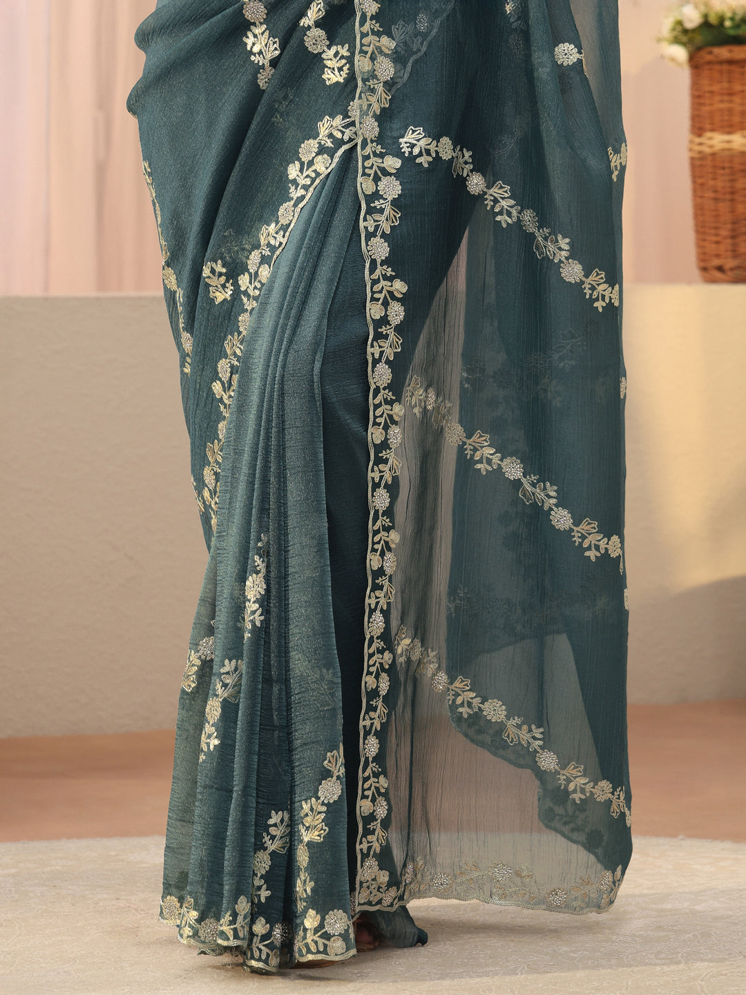  Green Floral Embroidered Tissue Saree 